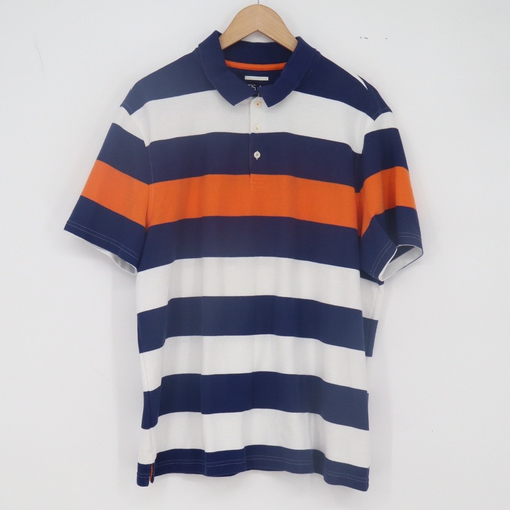 Jos. A. Bank Polo Mens XL Tailored Fit Navy Blue White Orange Striped Excellent